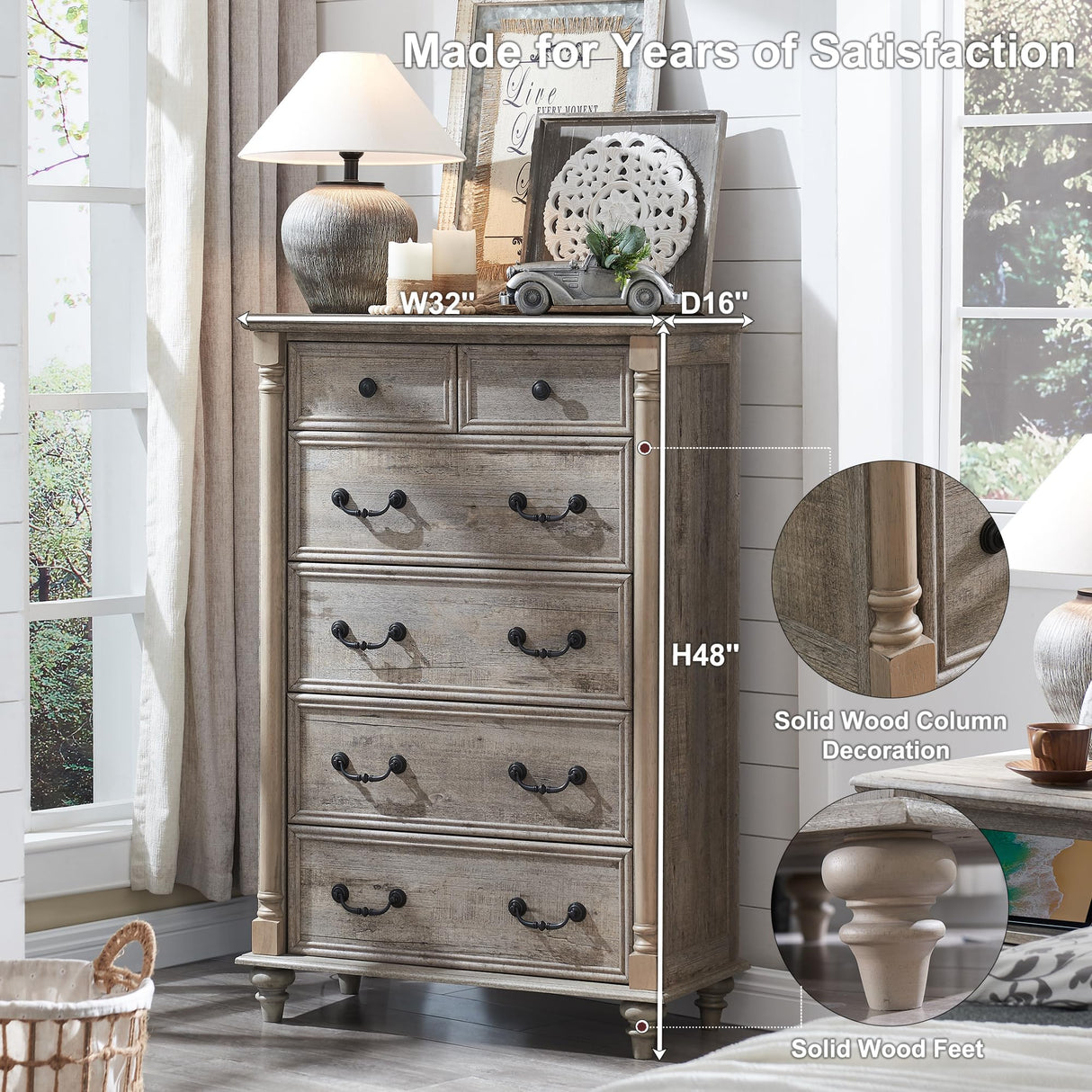 T4TREAM Farmhouse 6 Drawers Dresser Chests for Bedroom w/4 Solid Wood Feet & Column Decor, Tall Wood Country Rustic Chest of Drawers, Storage T4TREAM