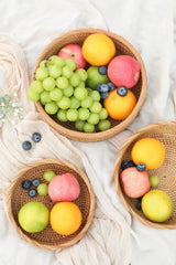 HITOMEN Handmade Rattan Bread Baskets Round Wicker Fruit Serving Storage Bowls, Natural Woven Decorative Kitchen Counter Organizing (Honey Brown) M-9.1" HITOMEN