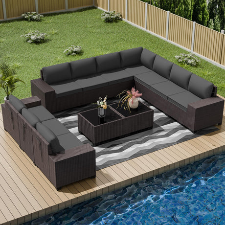 RTDTD Outdoor Patio Furniture Set, 12 Pieces Outdoor Furniture All Weather Patio Sectional Sofa PE Wicker Modular Conversation Sets with Coffee Table,10 Chairs & Seat Clips Grey RTDTD