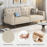 Yaheetech 63" Convertible Couch Small Futon Sofa Bed with 2 USB Ports, Reclining Backrest & Removable Armrests, Mid Century Modern Loveseat for Living Room, Apartment, Office, Beige Yaheetech