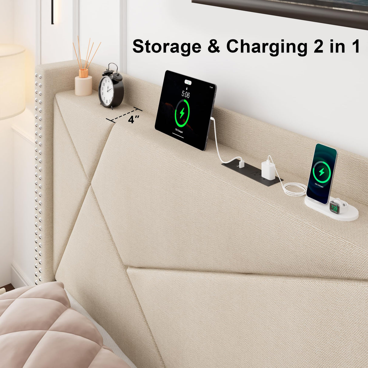 Feonase Beige King Size Platform Bed Frame with 4 Storage Drawers and Charging Station Feonase