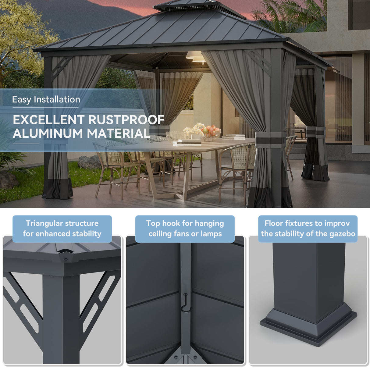 Kurapika 12' x 14' Hardtop Outdoor Metal Gazebo with Galvanized Steel Double Roof Canopy, Curtain and Netting, Aluminum Permanent Pavilion Gazebo, Grey Kurapika
