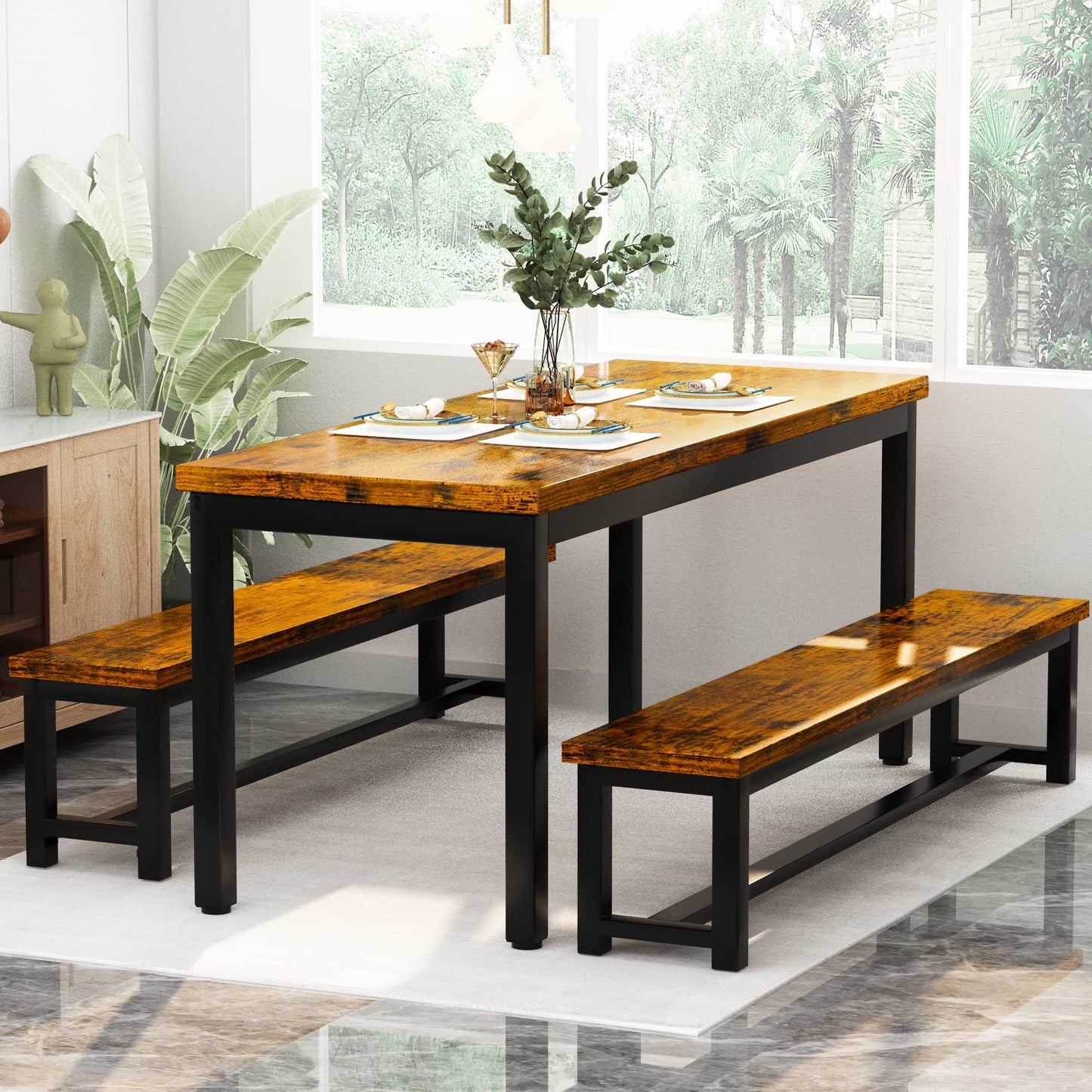 AWQM Dining Room Table Set, Kitchen Set with 2 Benches, Ideal for Home, and Room, Breakfast of 43.3x23.6x28.5 inches, Benches 38.5x11.8x17.5 Industrial Brown