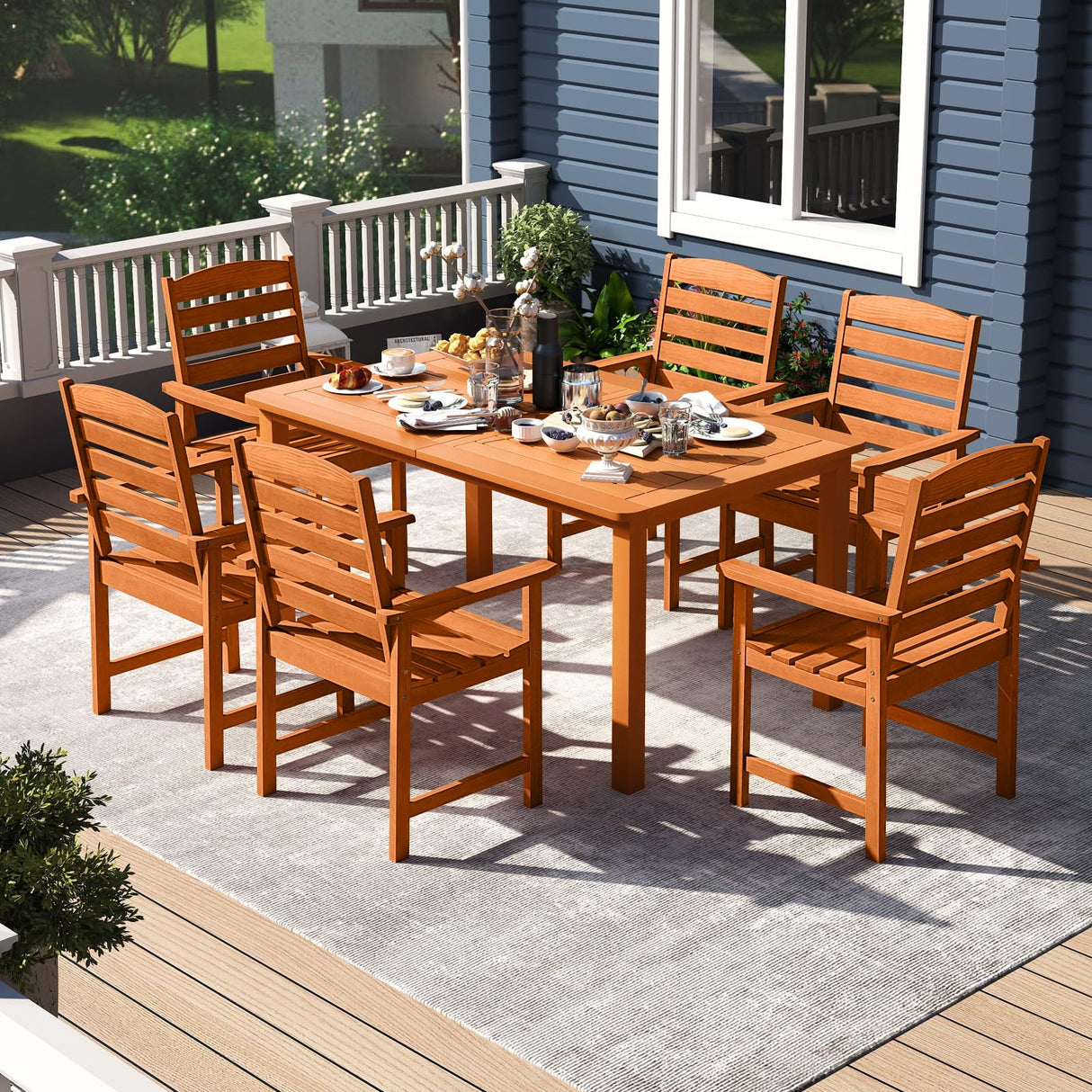 Tangkula 7 Pieces Outdoor Dining Set for 6, Patio Solid Wood Slatted Rectangular Dinner Table and Armchairs Set w/Umbrella Hole, Teak Oil Finish, for Lawn, Deck, Yard, Porch and Poolside Tangkula