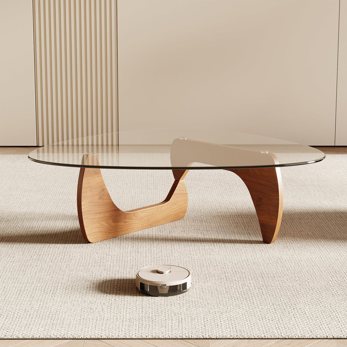 Honyee Morden Coffee Table, Tempered Glass Top Coffee Table with Wooden Legs, 42.5" x 28.5" x 16.1" Triangle Coffee Table for Living Room, Natural Wood Honyee