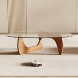 Honyee Morden Coffee Table, Tempered Glass Top Coffee Table with Wooden Legs, 42.5" x 28.5" x 16.1" Triangle Coffee Table for Living Room, Natural Wood Honyee