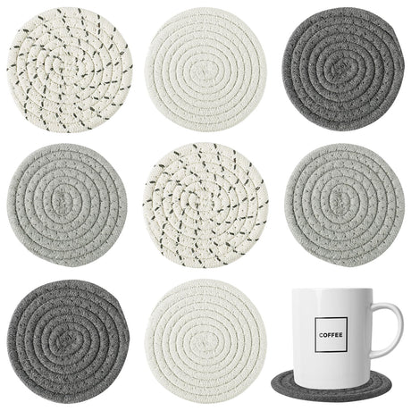 Handmade Woven Drink Coasters, 8 Pcs BOHO Coasters for Home Decor, Heat-resistant Farmhouse Cotton Table Absorbent Coasters for Kinds of Cups New House Gift(4.3in, Grey/White) ANPHSIN