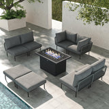 LayinSun 9 Pieces Aluminum Patio Furniture Set, Modern Modular Sectional Sofa with Fire Pit Table and Upgrade Thickness Cushion LayinSun