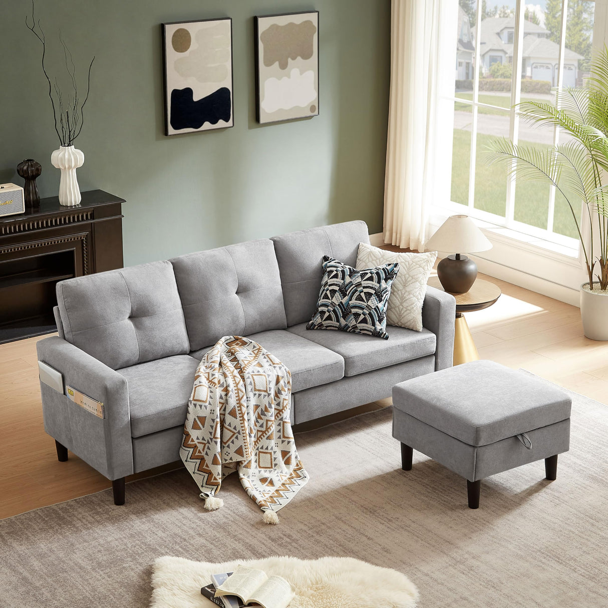 Pingliang Home Sectional Sofa Couches for Living Room, Modular 3 Seats Sectional Sofas L Shaped Couch with Storage and Reversible Chaise, Linen Fabric, 79" (Light Grey) Pingliang Home