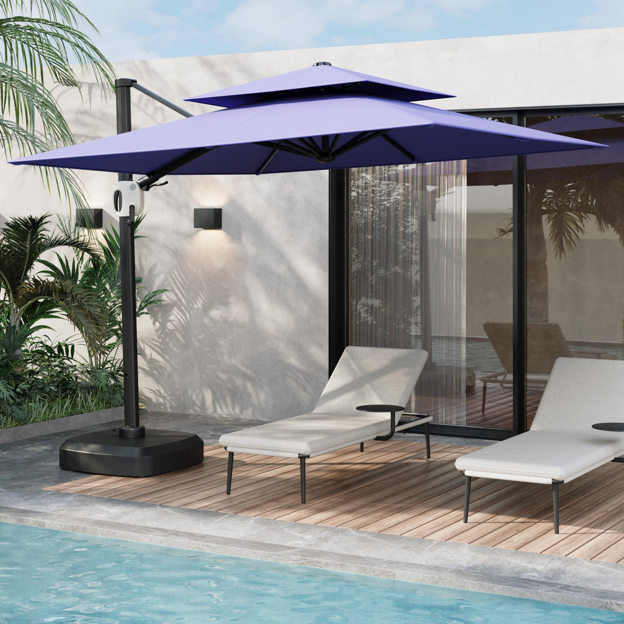 EAST OAK and Flame&Shade Patio Umbrella, 10ft Square Outdoor Umbrella, Large Offset Cantilever Umbrella with 360° Rotation, Heavy Duty Windproof and UV Resistant Double Top Umbrella for Pool and Deck, Night Blue EAST OAK