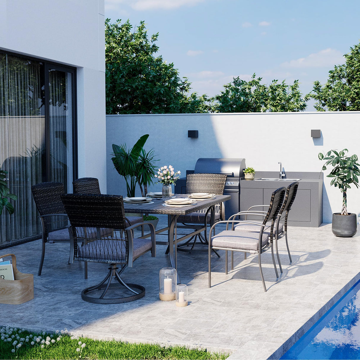 Pamapic 7 Piece Patio Dining Set for 6,Outdoor Wicker Furniture Set for Backyard Garden Deck Poolside with 4 Dining Chairs and 2 Swivel Rockers,Iron Slats Table Top, Removable Cushions(Gray) Pamapic