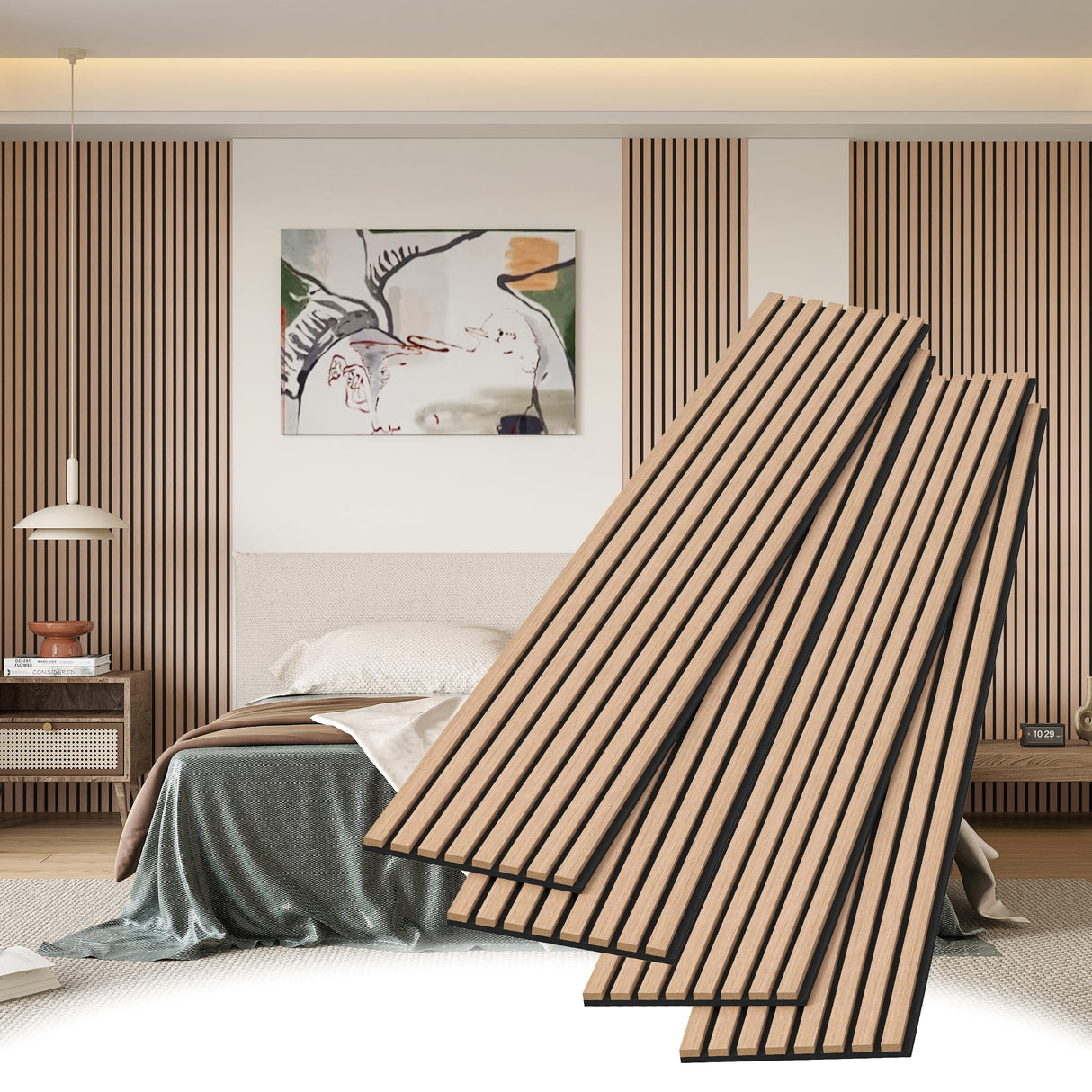 POHARE Wood Slat Wall Panels, 4 Pack 8 x 1 ft Decorative Wood Panels for Wall,Stylish Wall Panels for Interior Wall Decor, Modern Acoustic Wood Wall Panels with Felt Backing, Oak POHARE