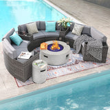 SUNSITT 12 Piece Patio Furniture Set with Propane Fire Pit Half-Moon Patio Set Outdoor Round Sectional Sofa with 36" Grey Gas Fire Table & Tank Holder, Grey Rattan SUNSITT
