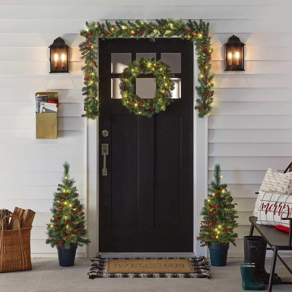 National Tree Company National Pre-lit White LED Lights Holiday Christmas 4-Piece Set | Garland, Wreath and Set of 2 Entrance Trees, No Size, Green National Tree Company