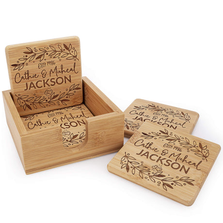 Set of 4 - Personalized Coasters w/Holder - 6 Designs - Custom Laser Engraved Bamboo Coasters - Wedding Gifts for The Couples, Anniversary, Engagement USA Custom Gifts