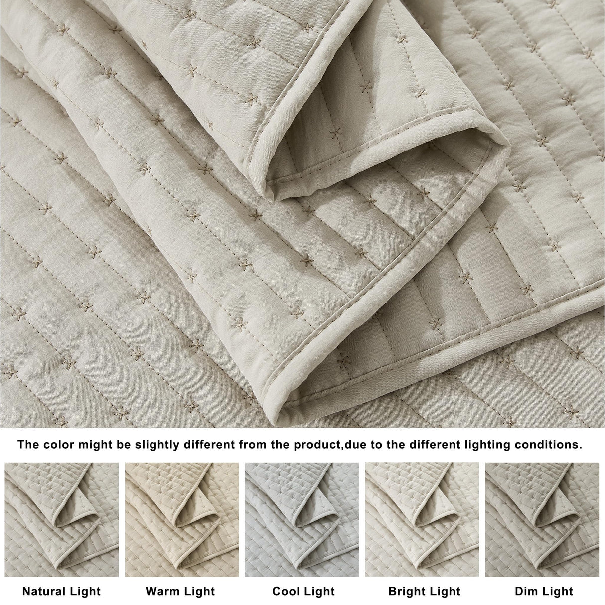 WDCOZY Beige Cross Stitch Queen Size Quilt Set, Netural Striped Lightweight Soft Bedspread, Channel Farmhouse Rustic Coverlet, All Season Country Bedding, Thin Comforter WDCOZY