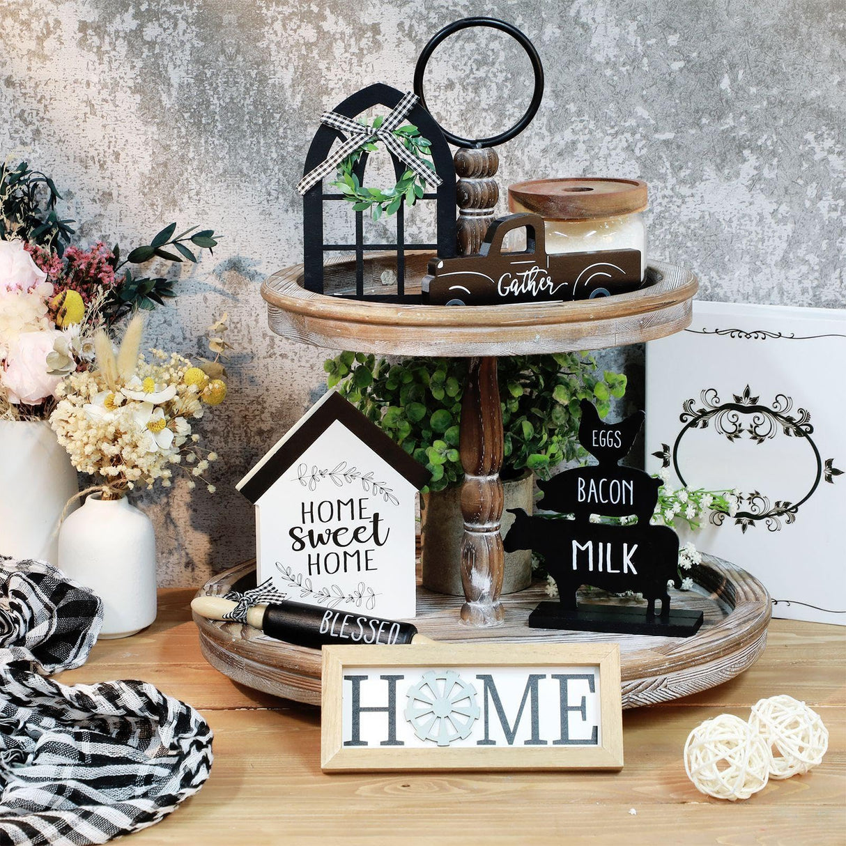 Yulejo 7 Pcs Farmhouse Tiered Tray Decor Buffalo Plaid Rustic Farmhouse Sweet Home Signs Double Printed Artificial Wooden Plant Tiered Tray Decorations for Kitchen Home Table Centerpiece Decor Yulejo