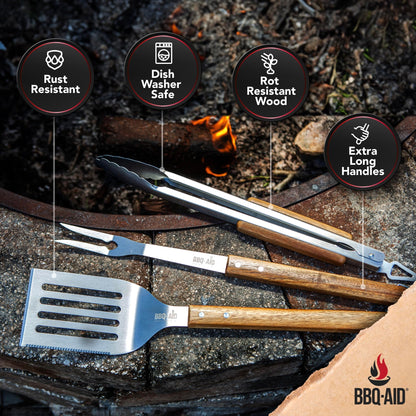 BBQ-AID 3 Piece Grill Set BBQ Accessories - Kitchen Tongs, Metal Spatula & Fork Utensils - Heavy Duty Stainless Steel Barbecue Grill Utensils for Outdoor Grill with Solid Sturdy Wood Handles