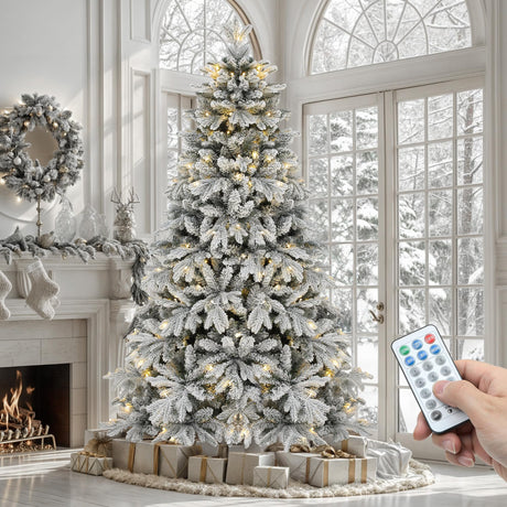YITAHOME Prelit Snow Flocked Christmas Tree 7.5 FT with Remote, Artificial Hinged Canaan Fir Christmas Tree with 1687 PE & PVC Mixed Tips, 330 Color-Changeable Lights for Home Office Holiday Decor YITAHOME