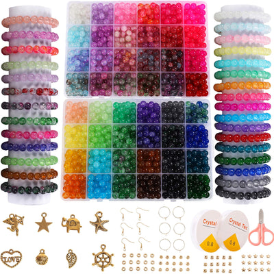 Glass Beads for Jewelry Making, 1300pcs + 8mm 48 Colors Round Crystal Glass Beads Bracelet Making Kit, Bead Starter Kit for Birthday Holiday Gifts