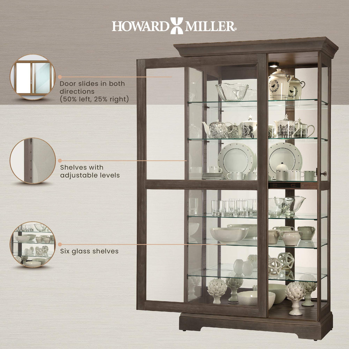 Howard Miller Tyler VI Curio - Floor Mount Showcase Auburn Finish Lockable Shelves & Levelers, Adjustable Vertical Plate Display Perfect for Living Room Office and Room Decor Howard Miller
