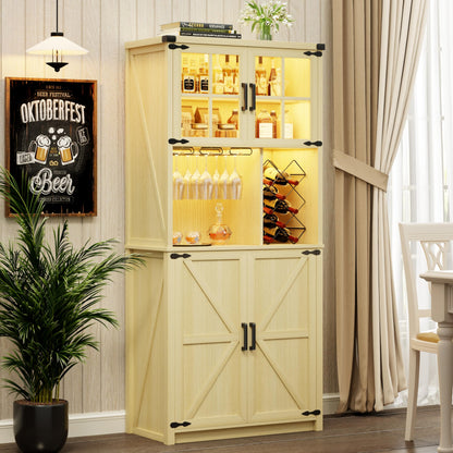 FREDEES Farmhouse Bar Cabinet with LED Light, 68'' Tall Liquor Cabinets with Wine & Glass Holder, Large Kitchen Hutch with Doors and Storage Shelves, Wood Coffee Bar Sideboard Buffet - WoodArtSupply