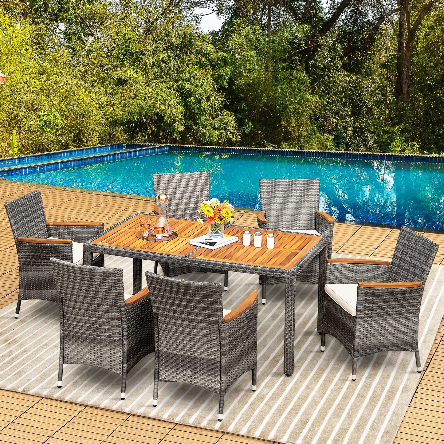 COSTWAY 7PCS Patio Rattan Dining Set Acacia Wood Table Cushioned Chair Mix Gray