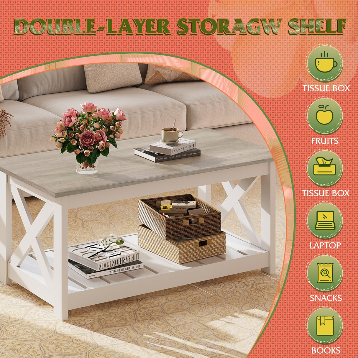 WLIVE Farmhouse Coffee Table for Living Room, 40.1" Rustic Center Table with X-Frame Support & Storage Shelf, 2-Tier Wood Coffee Tables for Bedroom & Balcony, Grey & White WLIVE