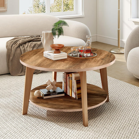 DUMOS Round Coffee Table, 32'' Wood Coffee Tables for Living Room with Storage, 2-Tier Center Circle Counter with Wooded Desktop, 50 lbs Capacity, Anti-Slip Feet, Modern Farmhouse Design, Tank DUMOS