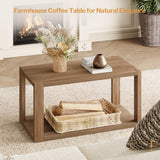SICOTAS Farmhouse Wood Coffee Table - Boho Table with Storage Shelf, Rectangle Center Table Wood Look Accent Table, 2-Tier Sofa Side Table Mid Century SICOTAS