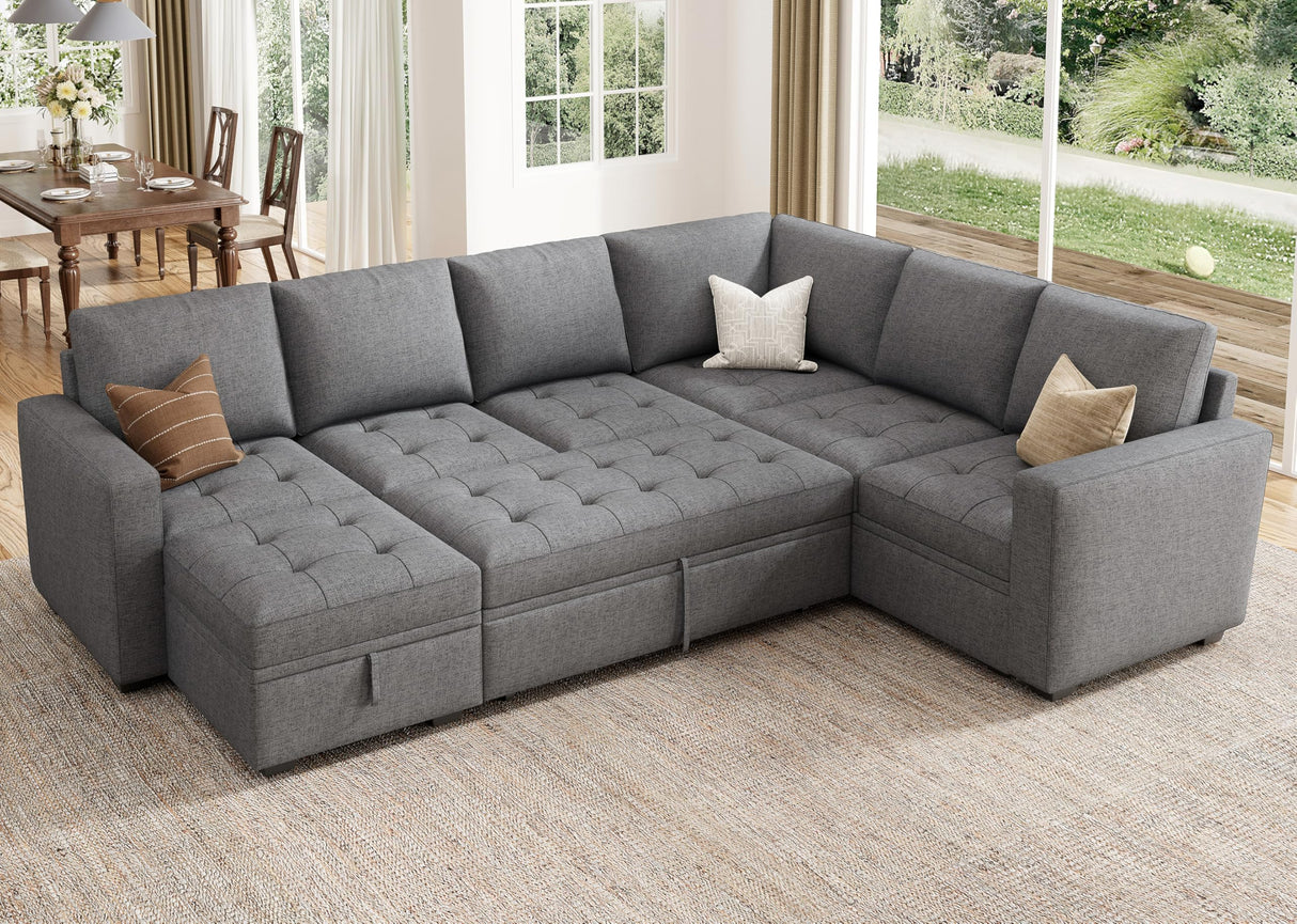 HONBAY Modular Sectional Sleeper Sofa with Pull Out Bed, Convertible L Shaped Sectional Couch with Storage Seat, Sectional Couches for Living Room,Grey HONBAY