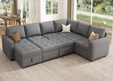 HONBAY Modular Sectional Sleeper Sofa with Pull Out Bed, Convertible L Shaped Sectional Couch with Storage Seat, Sectional Couches for Living Room,Grey HONBAY