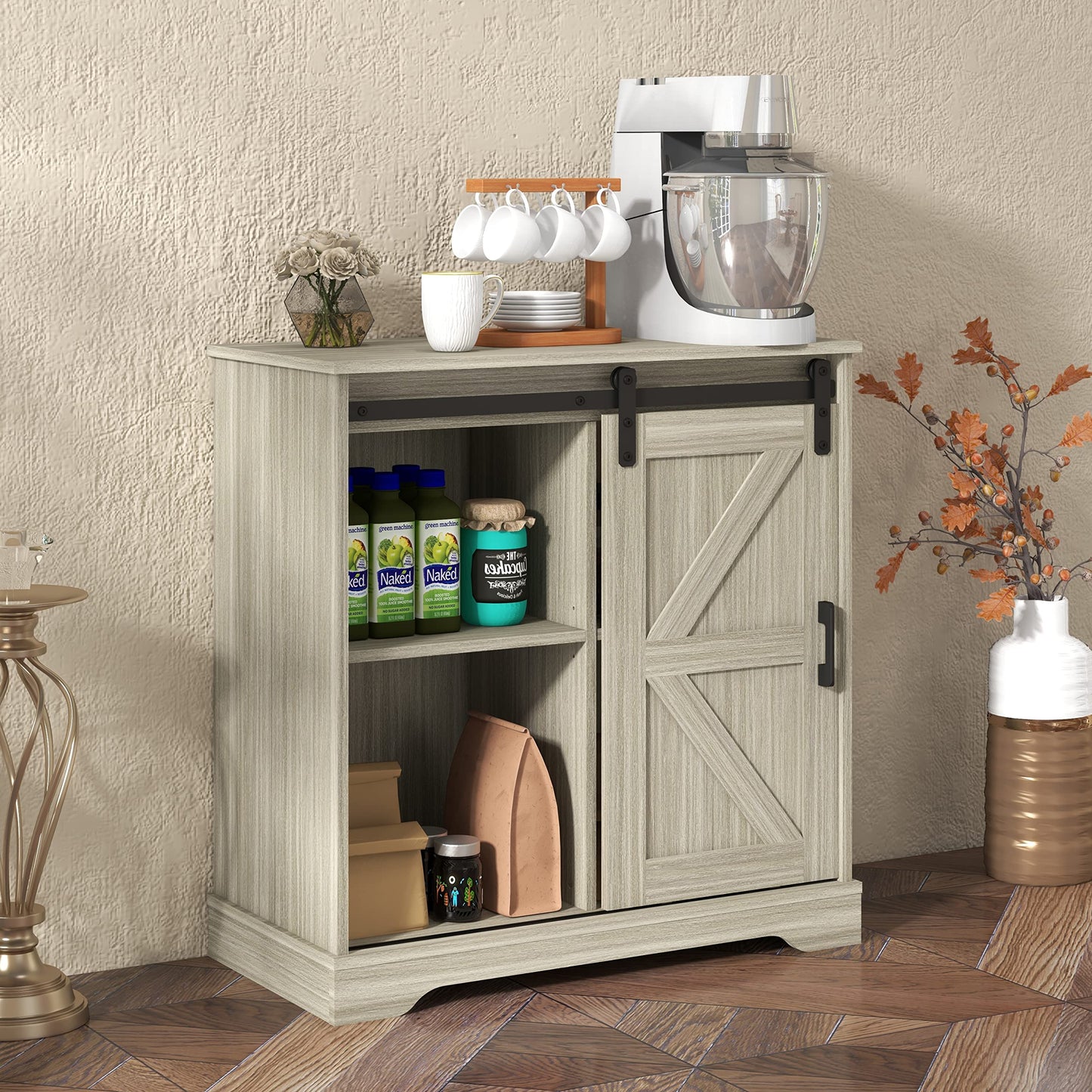 Panana Sliding Barn Door Buffet Sideboard Storage Cabinet Coffee Bar Kitchen Farmhouse Style (Oak) - WoodArtSupply