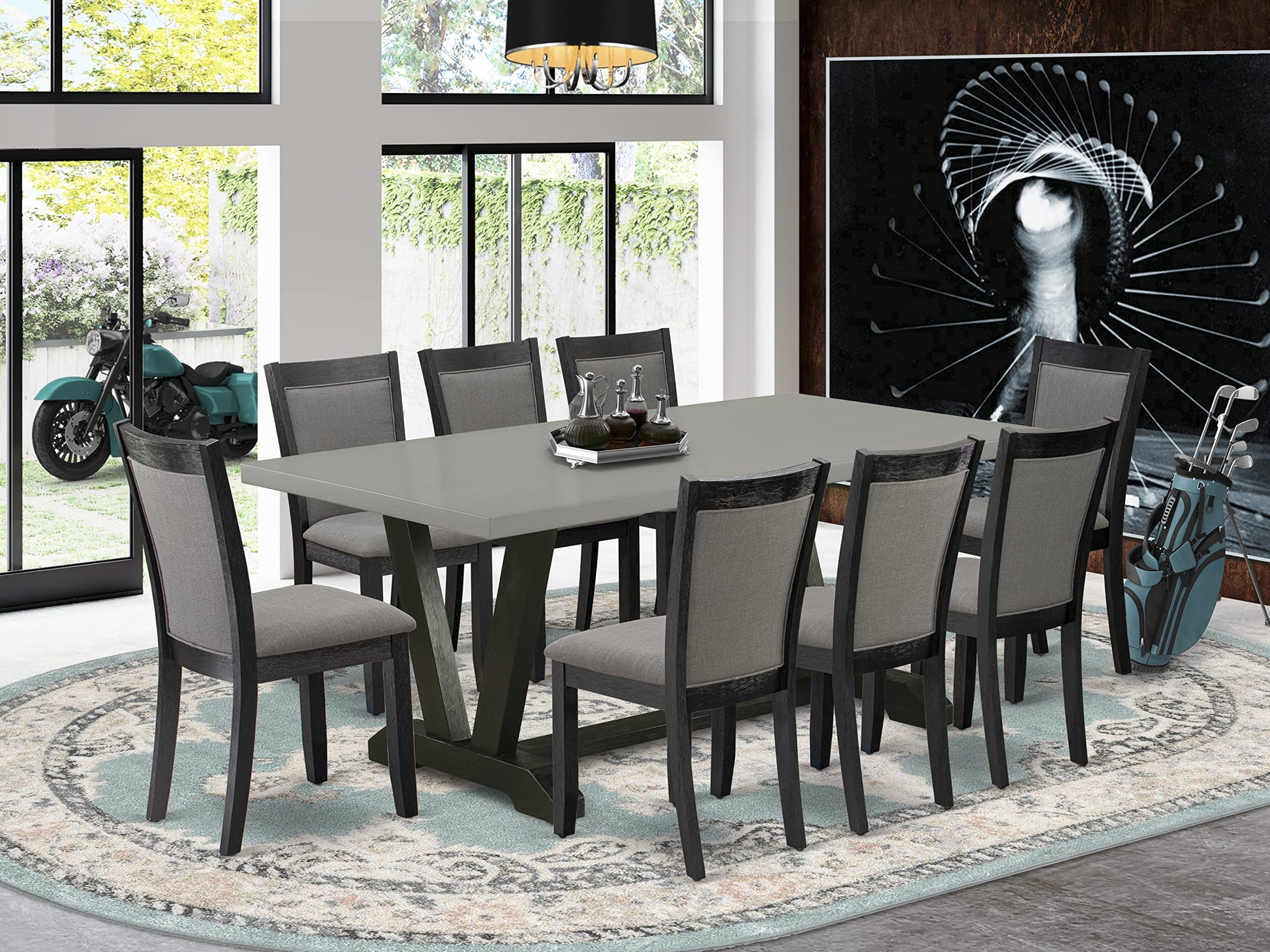 East West Furniture V-Style 9 Piece Kitchen Set Includes a Rectangle Table with V-Legs and 8 Dark Gotham Grey Linen Fabric Parson Dining Chairs, 40x72 Inch, V697MZ650-9 - WoodArtSupply