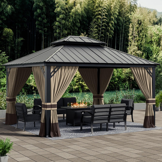 ASJMR 12x14ft Hardtop Gazebo Double Roof, outdoor pavilion with 2-layer hard top galvanized iron frame garden tent, suitable for courtyards, backyards, decks, and grass