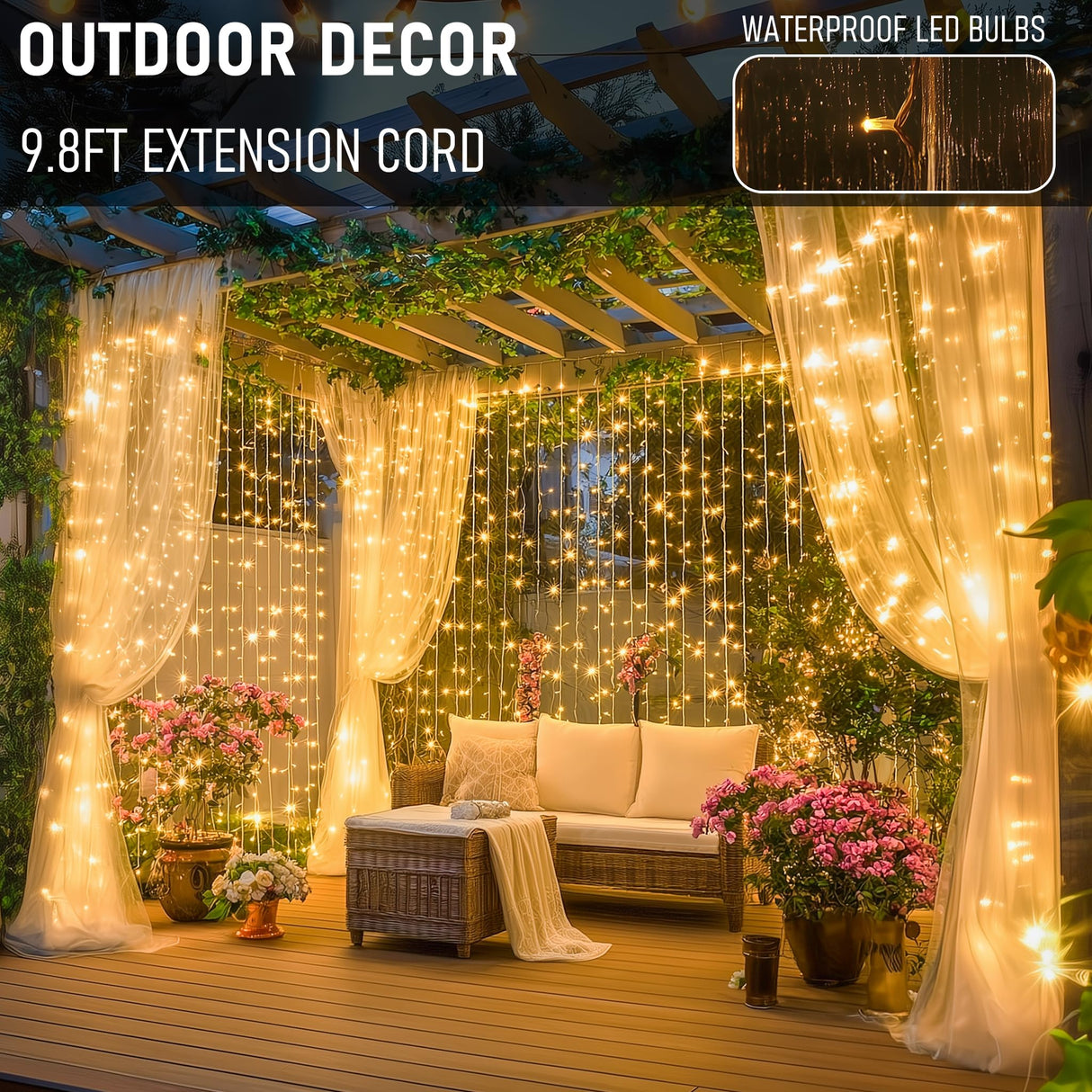 Dazzle Bright 300 LED Curtain Lights, Plug in Fairy Curtain Lights for Bedroom, Christmas Hanging String Lights Outdoor for Window Backdrop Wall Wedding Patio Indoor Dorm Party Decor, Warm White Dazzle Bright