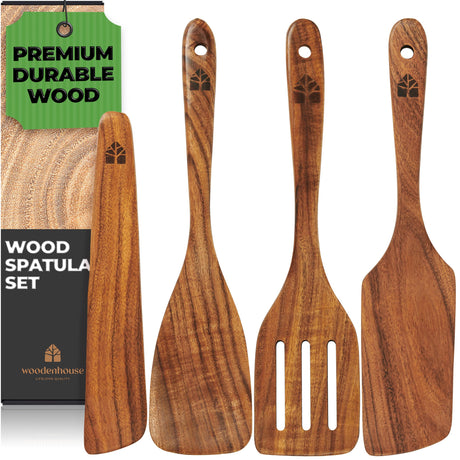 Wooden Spatula for Cooking, Kitchen Set of 4, Natural Teak Wooden Utensils including Paddle, Turner Spatula, Slotted Spatula and Wood Scraper. Nonstick cookware. WOODENHOUSE LIFELONG QUALITY