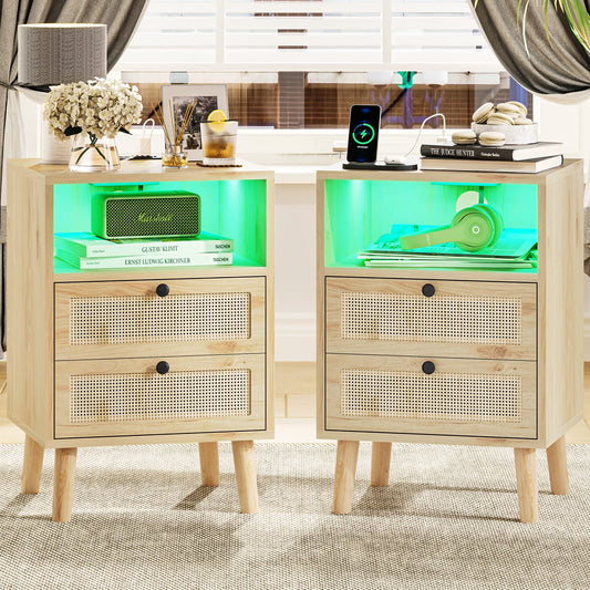 VIAGDO Rattan Nightstands Set of 2 with LED Lights, Night Stand with Charging Station and Storage Drawers, Bedside Tables with Solid Wood Feet, Modern End Side Table for Bedroom, Natural - WoodArtSupply