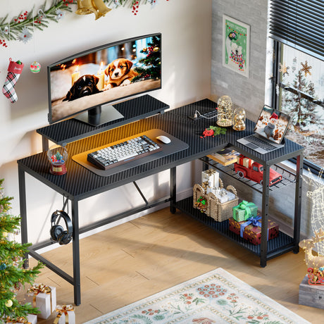 Bestier 58 L Shaped Gaming Desk with LED Lights & Power Outlets,Reversible Home Office Corner Desk with Shelves,Larger PC Workstation with Hooks for Studying,Desk for Bedroom,Carbon Fiber Black Bestier