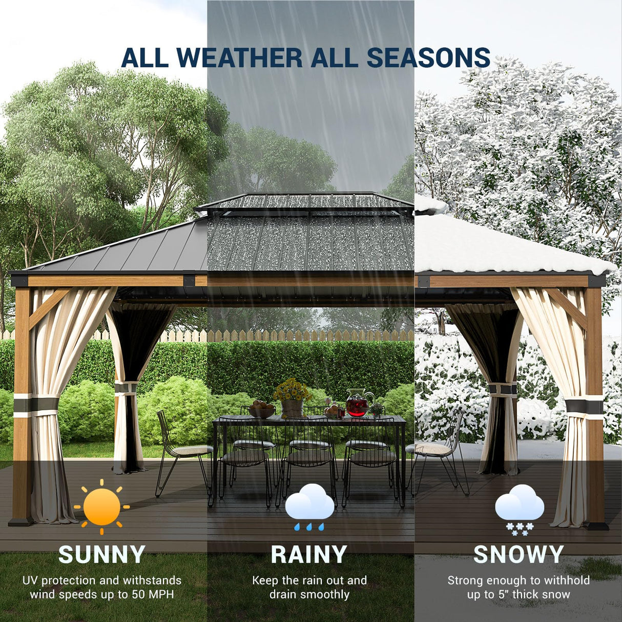 UDPATIO 12' x 16' Hardtop Gazebo, Wood Grain Finish Aluminum Frame Outdoor Gazebo with Galvanized Steel Double Roof, Metal Gazebo Canopy with Curtain and Netting for Patio, Deck and Lawn, Beige UDPATIO