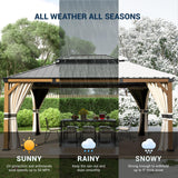 UDPATIO 12' x 16' Hardtop Gazebo, Wood Grain Finish Aluminum Frame Outdoor Gazebo with Galvanized Steel Double Roof, Metal Gazebo Canopy with Curtain and Netting for Patio, Deck and Lawn, Beige UDPATIO