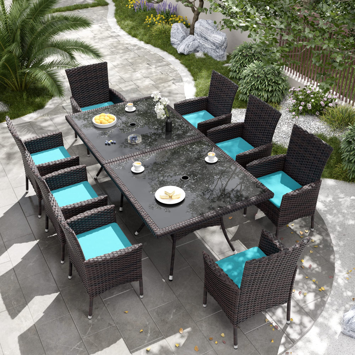 Kurapika 10-Piece Patio Furniture Outdoor Dining Set, Rattan Wicker Patio Dining Table and Chairs Set, Square Tempered Glass Tabletop with Umbrella Hole and 8 Chair Set, Blue Kurapika