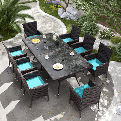 Kurapika 10-Piece Patio Furniture Outdoor Dining Set, Rattan Wicker Patio Dining Table and Chairs Set, Square Tempered Glass Tabletop with Umbrella Hole and 8 Chair Set, Blue Kurapika