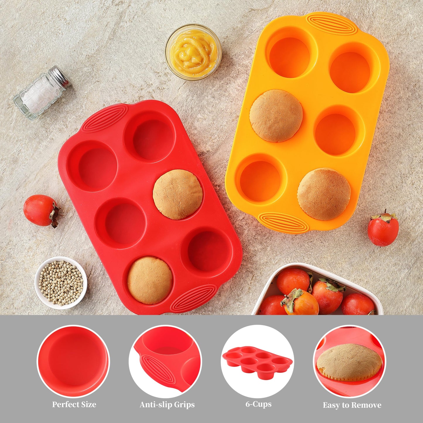 MONGSEW 2PCS Silicone Muffin Cupcake Pan Molds, 6-Cavity Non Stick Silicone Muffin Pans for Baking Muffin, Cupcakes, Brownies and More, Food Grade and BPA Free (Orange and Red)