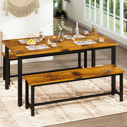 Lamerge Kitchen Table Set with 2 Benches 4 Person Dining Room Table Set for Home Kitchen, Dining Room, Restaurant, Space Saving, Rustic Brown, 43.3''L x23.6''W x28.5''H (43F) - WoodArtSupply