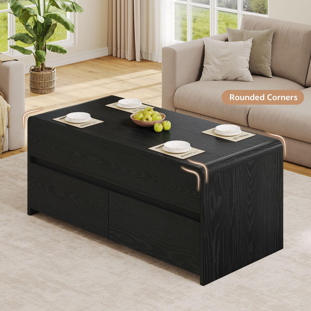 Homiflex Coffee Table Lift Top, 40 Inch Multi-Function Coffee Table with 2 Drawers, Hidden Compartment, Curved Profile Design, Converts to Home Office Table, Dining Table for Living Room, Black Homiflex