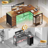 Huuger 55 Inch L Shaped Desk with Fabric Drawers, Reversible Computer Gaming Desk with Power Outlets and USB-C Port, Adjustable Side Storage Shelves, for Work Study Corner Home Office, Rustic Brown Huuger