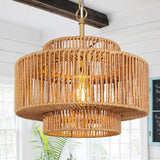 Bagood 12.4" Rattan Chandelier 1 Light Woven Rattan Pendant Light Boho Wicker Pendant Lighting Fixture Farmhouse Chandelier Light Fixture 3-Tier Drum Wicker Rattan Golden Chandelier for Dining Room Bagood