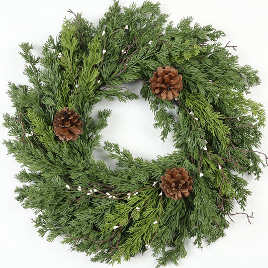 Artgar 24 Inch Christmas Cypress Wreath, Christmas Wreath for Front Door, Real Touch Pine Wreath Artificial Green Cedar Wreath with Pine Cones for Wall Window Porch Indoor Outdoor Winter Decor