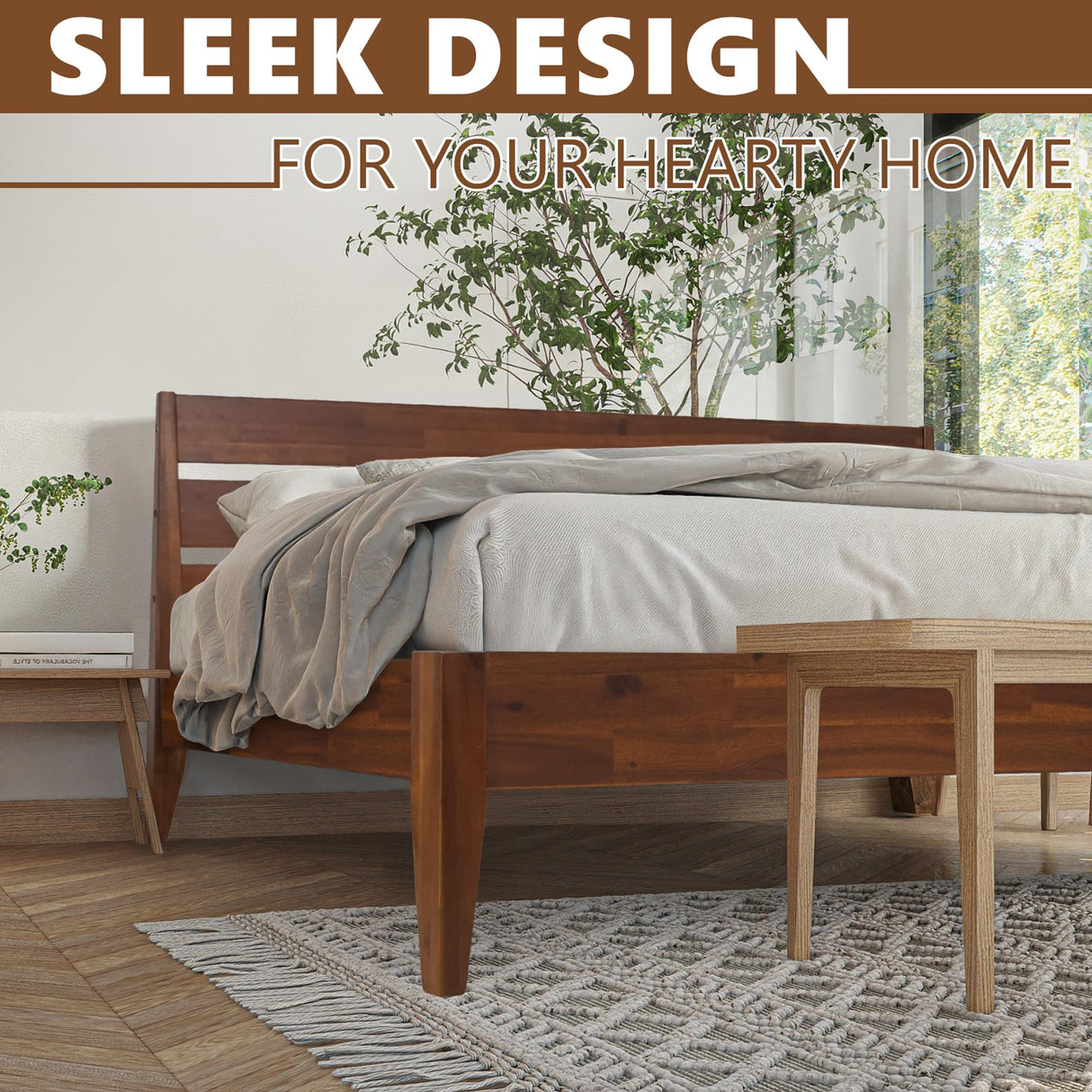 Acacia Emery Bed Frame with Headboard Solid Wood Platform Bed, King Size Bed Frame, Mid - Century Modern Wood Bed Compatible with All Mattresses, Easy Assembly, Non-Slip, Chocolate. A ACACIA FURNITURE